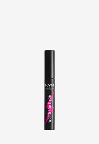 Tube de mascara noir avec une finition brillante. Présente un texte rose vif indiquant "valable pour le buzz" et le logo NYX. Forme cylindrique fine, applicateur standard.
