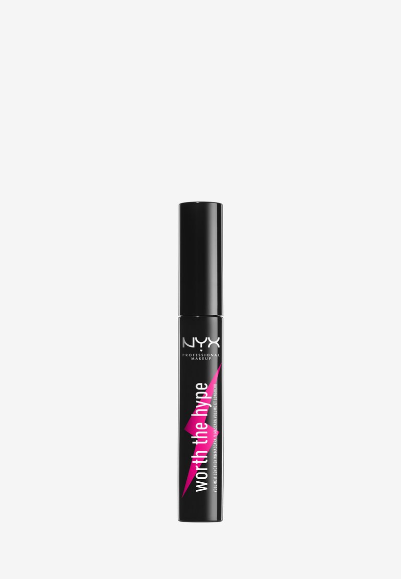 Tube de mascara noir avec une finition brillante. Présente un texte rose vif indiquant "valable pour le buzz" et le logo NYX. Forme cylindrique fine, applicateur standard.