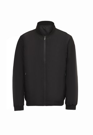Veste bomber noire en tissu lisse, dotée d'une fermeture éclair à l'avant, d'un col montant et de poignets et d'un ourlet élastiques. Pas de motifs ou de logos visibles.