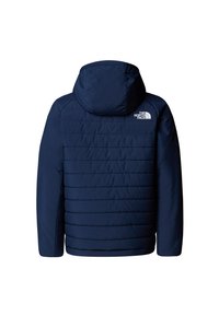 Laivastonsininen toppatakki hupulla, jossa on vaakasuorat tikatut linjat. Logo vasemmassa olkapäässä. Sileä tekstuuri, kevyt kangas.