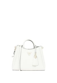 Borsa sintetica bianca con due manici superiori, hardware dorato e un'etichetta staccabile. Presenta un design strutturato e un bordo nero a contrasto.