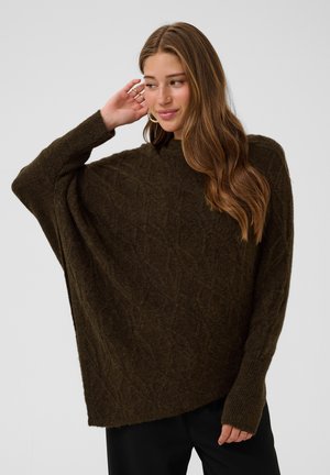 Jeune femme aux longs cheveux bruns portant un pull ample brun foncé en maille torsadée, regardant sur le côté avec la main près de l'oreille.