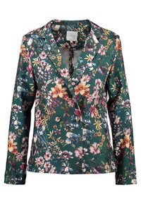 Floral print blazer in green fabric, featuring a notched collar, long sleeves, and a single-button closure with a smooth texture.
