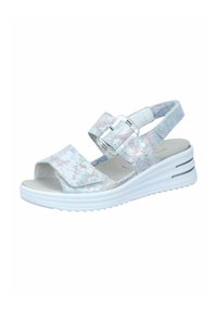 Wedge sandal featuring a light holographic upper material, open toe, adjustable strap with a buckle, and white rubber outsole with ridges.