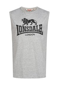 Gray sleeveless t-shirt made of cotton blend, featuring a black lion logo and "LONSDALE LONDON" text in bold, curved font across the front.