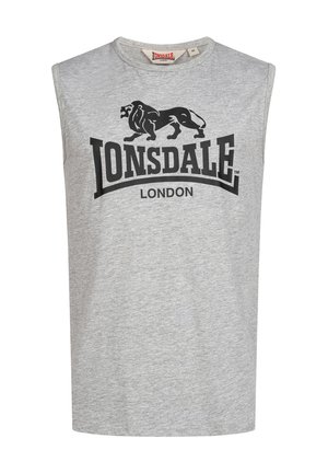 T-shirt sans manches gris en mélange de coton, arborant un logo de lion noir et le texte "LONSDALE LONDON" en police gras et courbée sur le devant.