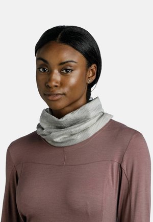 Gray neck gaiter made of soft fabric, worn over a mauve long-sleeve top. The gaiter has a slightly textured appearance and relaxed fit.