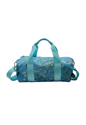 Sac de sport cylindrique bleu avec des sangles bleu clair et un motif de branche florale inspiré des amandiers en fleurs de Van Gogh.