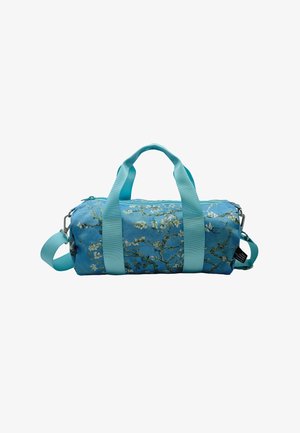 Sac de sport cylindrique bleu avec des sangles bleu clair et un motif de branche florale inspiré des amandiers en fleurs de Van Gogh.