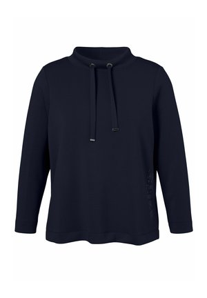 Navyblauer Sweatshirt mit Stehkragen, Kordelzug und langen Ärmeln. Verfügt über ein seitliches Akzentdesign und eine lockere Passform. Hergestellt aus weichem Stoff.