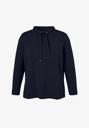 Navyblauer Sweatshirt mit Stehkragen, Kordelzug und langen Ärmeln. Verfügt über ein seitliches Akzentdesign und eine lockere Passform. Hergestellt aus weichem Stoff.