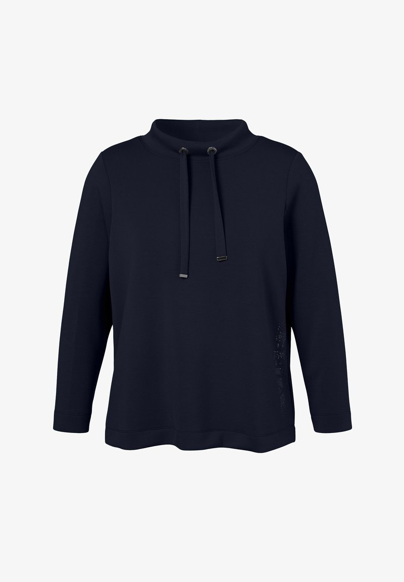 Navyblauer Sweatshirt mit Stehkragen, Kordelzug und langen Ärmeln. Verfügt über ein seitliches Akzentdesign und eine lockere Passform. Hergestellt aus weichem Stoff.