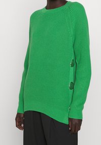 Grüner Strickpullover mit Rundhalsausschnitt, der über eine gerippte Textur, seitliche Knopfdetails und einen leicht verlängerten Saum verfügt.