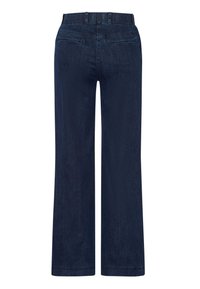 Donkerblauwe wijde spijkerbroek van denimstof, met een hoge taille, zakken op de achterkant en een schone, eenvoudige uitstraling zonder versieringen.