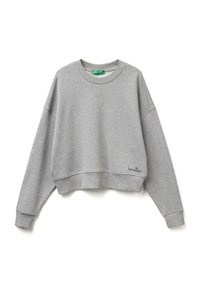 Sweatshirt grigio corto con maniche lunghe, collo a giro, polsini e orlo a coste. Presenta il logo "benetton" ricamato in basso a sinistra.