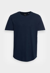Navy blue short-sleeve t-shirt made of cotton, featuring a round neckline and a curved hem. Simple design with no visible patterns or accents.