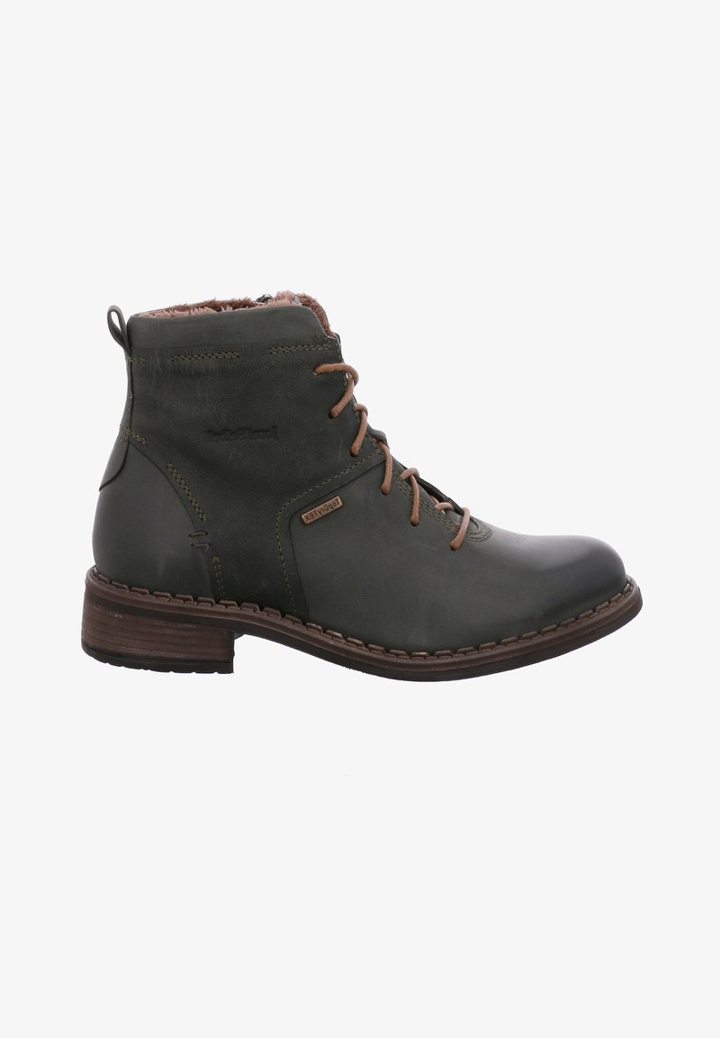 Tmavě zelená kožená kotníková obuv s hnědými tkaničkami, kulatou špičkou, texturovaným povrchem, umělou kožešinovou podšívkou a klínovým podpatkem. Obsahuje detail loga.