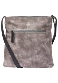 Borsa a tracolla in finta suede grigia con chiusura superiore a zip e tasca anteriore con zip. Presenta una tracolla nera regolabile e una consistenza morbida.