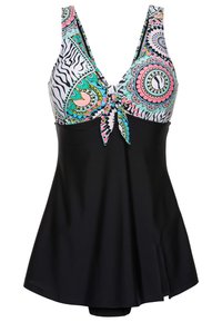 Robe de bain avec un corsage à motifs multicolores et des accents noirs. Elle présente un détail noué à l'avant et une jupe évasée noire.