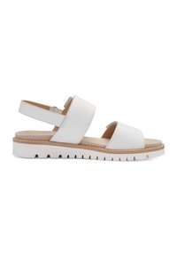 White flat sandal with two wide straps and a slingback strap, cushioned insole, and a grooved rubber outsole for traction.