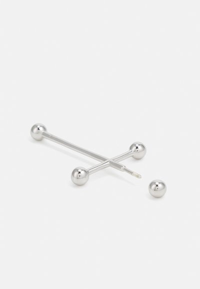 Silberner Körperschmuck mit zwei Kugeln an jedem Ende. Verfügt über einen geraden, schlanken Stab mit einem strukturierten Abschnitt für sicheren Halt.