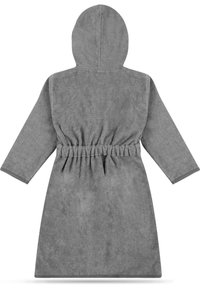 Grau gefütterter Bademantel aus weichem Frottee, mit langen Ärmeln, einem Gürtel in der Taille und knielangem Design.