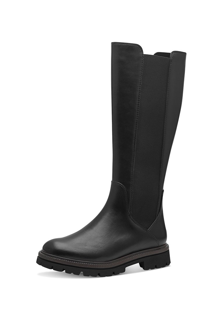 Schwarze Lederstiefel bis zum Knie mit glatter Oberfläche, elastischen Seiteneinsätzen und einer Gummisohle für besseren Halt.