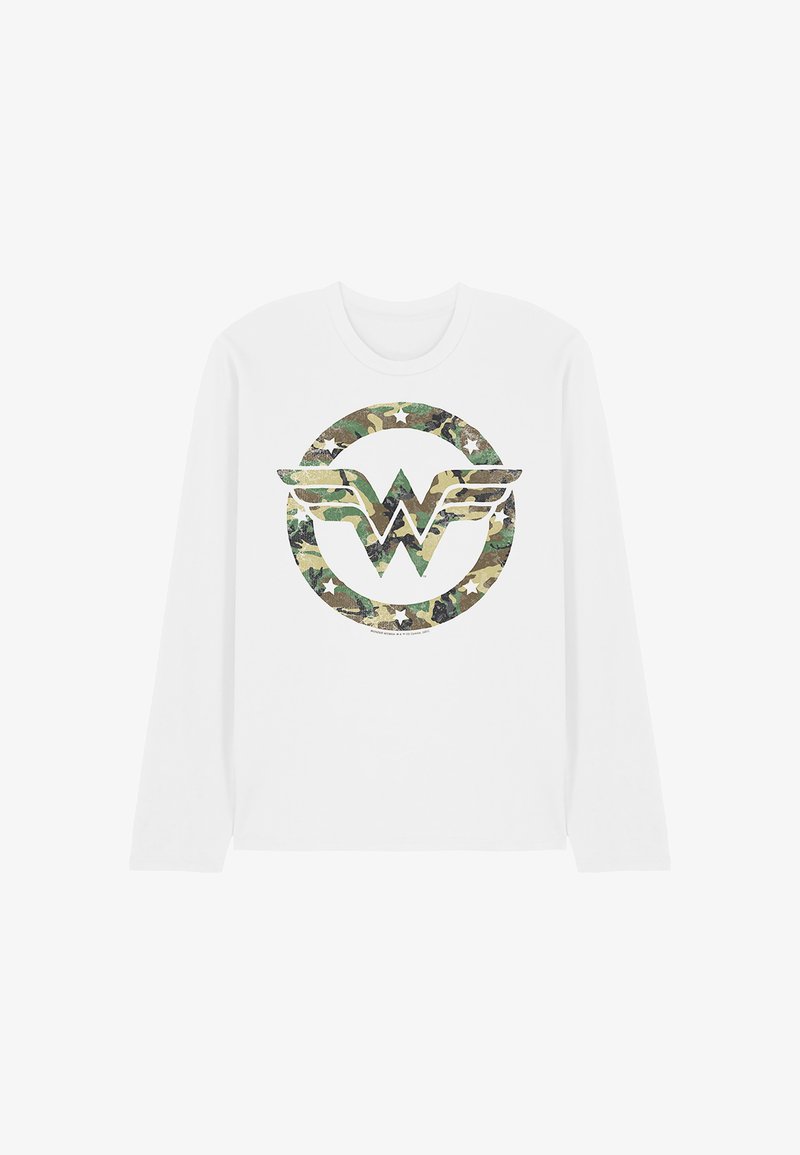 White long-sleeve shirt with a green camouflage Wonder Woman logo featuring a "W" with wings inside a star-studded circle.