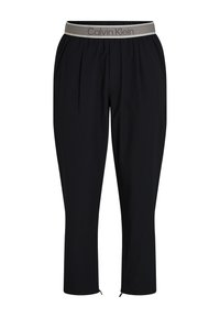 Pantaloni neri con pieghe e una cintura con logo Calvin Klein grigio chiaro. Presentano dettagli con zip alle caviglie. Realizzati in un tessuto liscio.