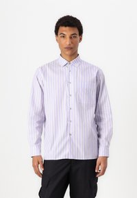 Light purple button-up shirt with thin white stripes, long sleeves, and a chest pocket, made from a smooth fabric. Features classic collar design.