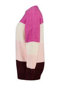 Gestreepte trui in roze, crème en bordeauxrood. Zachte gebreide textuur met een losse pasvorm en geribbelde manchetten. Uniek kleurblokontwerp.