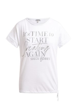 White short-sleeve T-shirt with silver and gray text "It's TIME to START Creating AGAIN SOCCX STORIES" and a small drawstring on the hem.