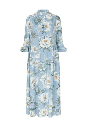 Lichtblauwe midi-jurk met witte en turquoise bloemenprint, driekwart mouwen, kraag met knopen en een lichte ruchesdetail bij de manchetten.