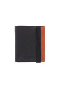 Billetera de piel negra con un acento de piel naranja, forma rectangular, textura suave, que cuenta con una banda elástica negra y un logotipo en relieve.