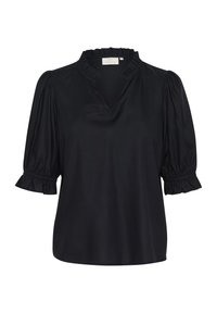 Blouse noire avec encolure en V et col à volants, dotée de manches courtes bouffantes avec poignets élastiques et texture de tissu lisse.