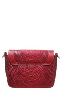 Borsa a tracolla rossa con una finitura testurizzata a motivo serpente. Presenta una patta superiore con un accento in pelle liscia e dettagli in oro sui lati.