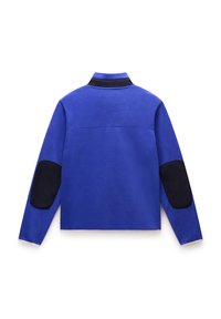 Blue fleece jacket with black elbow patches and collar, featuring a sleek, minimalist design and a smooth texture. Back view only.