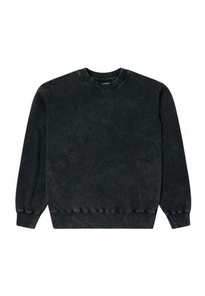 Felpa nera con girocollo e maniche lunghe, polsini e orlo a coste, caratterizzata da una texture leggermente sbiadita e un piccolo logo ricamato sul davanti.