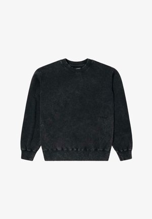 Black long-sleeve crewneck sweatshirt with ribbed cuffs and hem, featuring a subtle faded texture and small embroidered logo on the front.