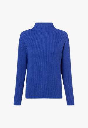 Blauwe gebreide trui met lange mouwen, een hoge hals en een geribbelde textuur, getoond tegen een witte achtergrond.