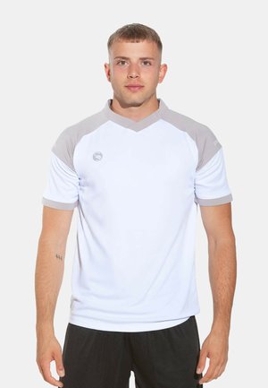 White athletic t-shirt with gray shoulder accents, short sleeves, v-neck design, smooth texture, and a small logo on the chest.