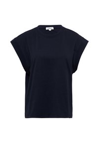Mørkeblå bomulds t-shirt med korte, brede ærmer, rund halsudskæring, afslappet pasform og lige kant. Ingen synlige mønstre eller accenter.