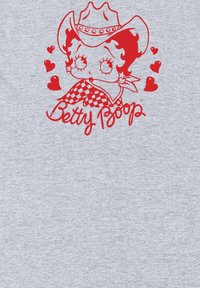 Tessuto grigio con una grafica rossa che raffigura un personaggio dei cartoni animati con un cappello da cowboy, un motivo a scacchi e cuori. Il testo include "Betty Boop."