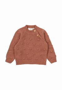 Pleten pulover v prašnjati roza barvi z okroglim ovratnikom, strukturiranim bobble vzorcem in dvema lesenima gumboma na ramenu. Dolgi rokavi in rebrast rob.