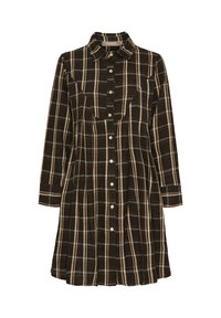 Brun ternet skjortekjole med lange ærmer, knapper foran, krave og brystlomme. Mønstret har beige og lyseblå striber.