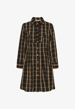 Brun ternet skjortekjole med lange ærmer, knapper foran, krave og brystlomme. Mønstret har beige og lyseblå striber.