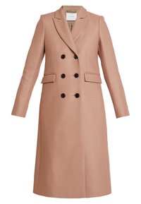 Dobbeltbrystet frakke i lys pink, lavet af tekstureret stof. Har en spids krave, to forlommer og sorte knapper.