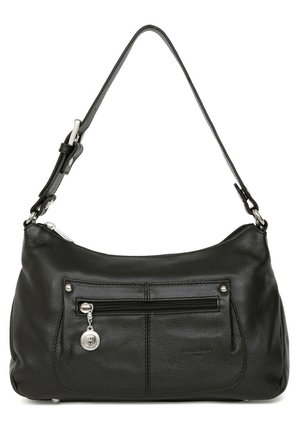 Sac à main en cuir noir avec bandoulière réglable, poche avant zippée avec breloque argentée, et surface douce et texturée.
