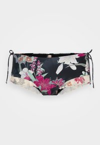 Blomstret bikini-bunn med mørk bakgrunn, prydet med rosa og hvite blomster, volangkant og justerbare bånd på sidene.