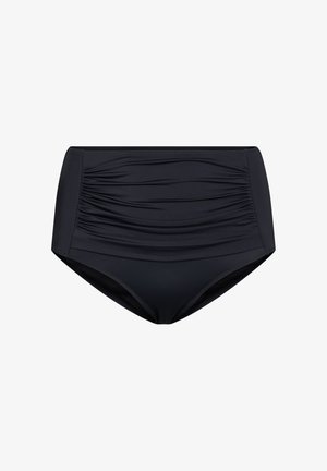 Mustmustel kõrge vöökoht bikini alaosa, mille esiosas on kokku kogutud tekstuur, sile kude ja klassikaline lõige. Ilma nähtavate logo või mustriteta.